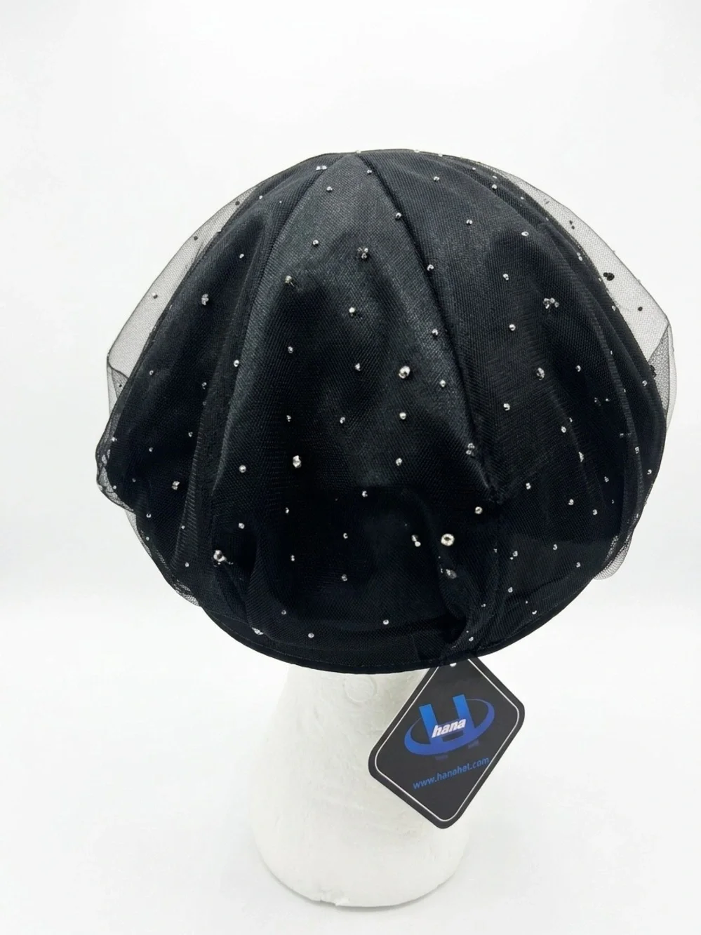 Black Embellished Newsboy Cap with Rhinestone Trim